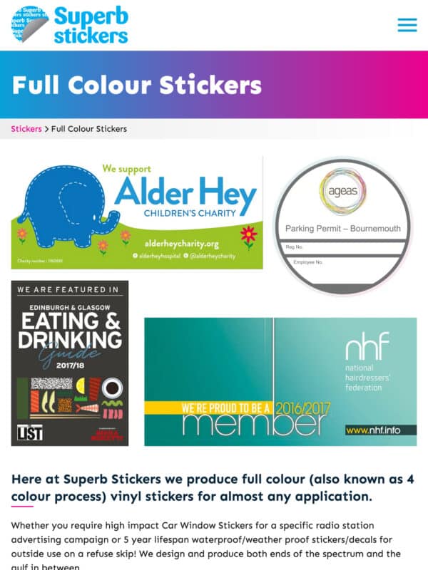 Vinyl Sticker Production Web Design for Superb Stickers in Bognor Regis, West Sussex