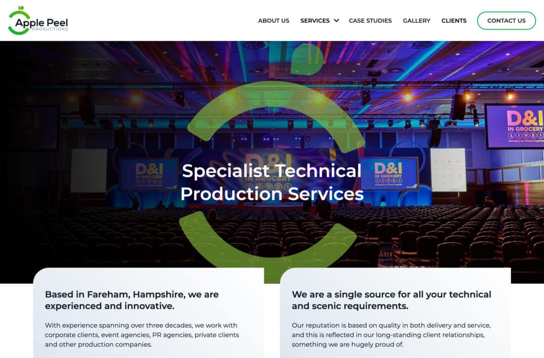 Technical Production Services Web Design for Apple Peel Productions in Fareham, Hampshire